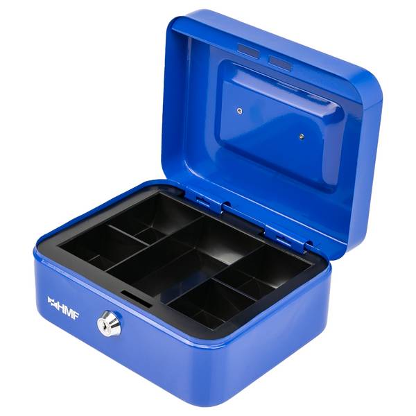 HMF Geldkassette abschließbar, Kasse mit Münzeinsatz, 5 Münzfächer, 20 x 16 x 9 cm, Blau