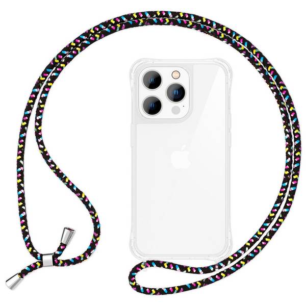 Hülle mit Band für iPhone 15 Pro Handyhülle Umhänge Case Handy Kette Kordel Seil Schwarz Bunt