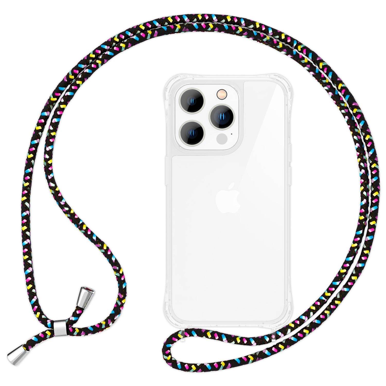Hülle mit Band für iPhone 15 Pro Handyhülle Umhänge Case Handy Kette Kordel Seil Schwarz Bunt-0