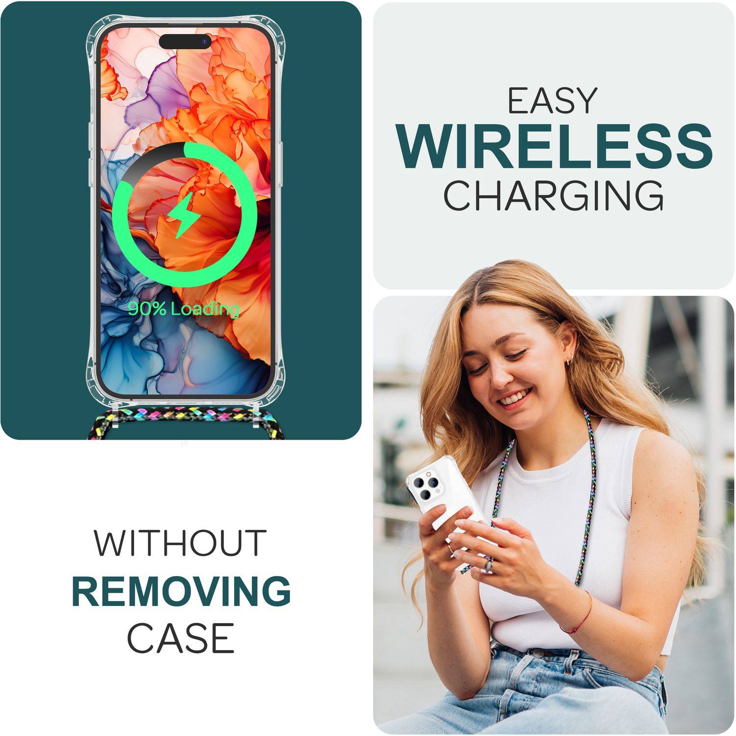 Hülle mit Band für iPhone 15 Pro Handyhülle Umhänge Case Handy Kette Kordel Seil Schwarz Bunt-4
