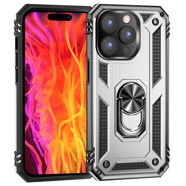 Panzer Hülle mit Ring für iPhone 15 Pro Outdoor Handyhülle Case Extrem Schutz Silber