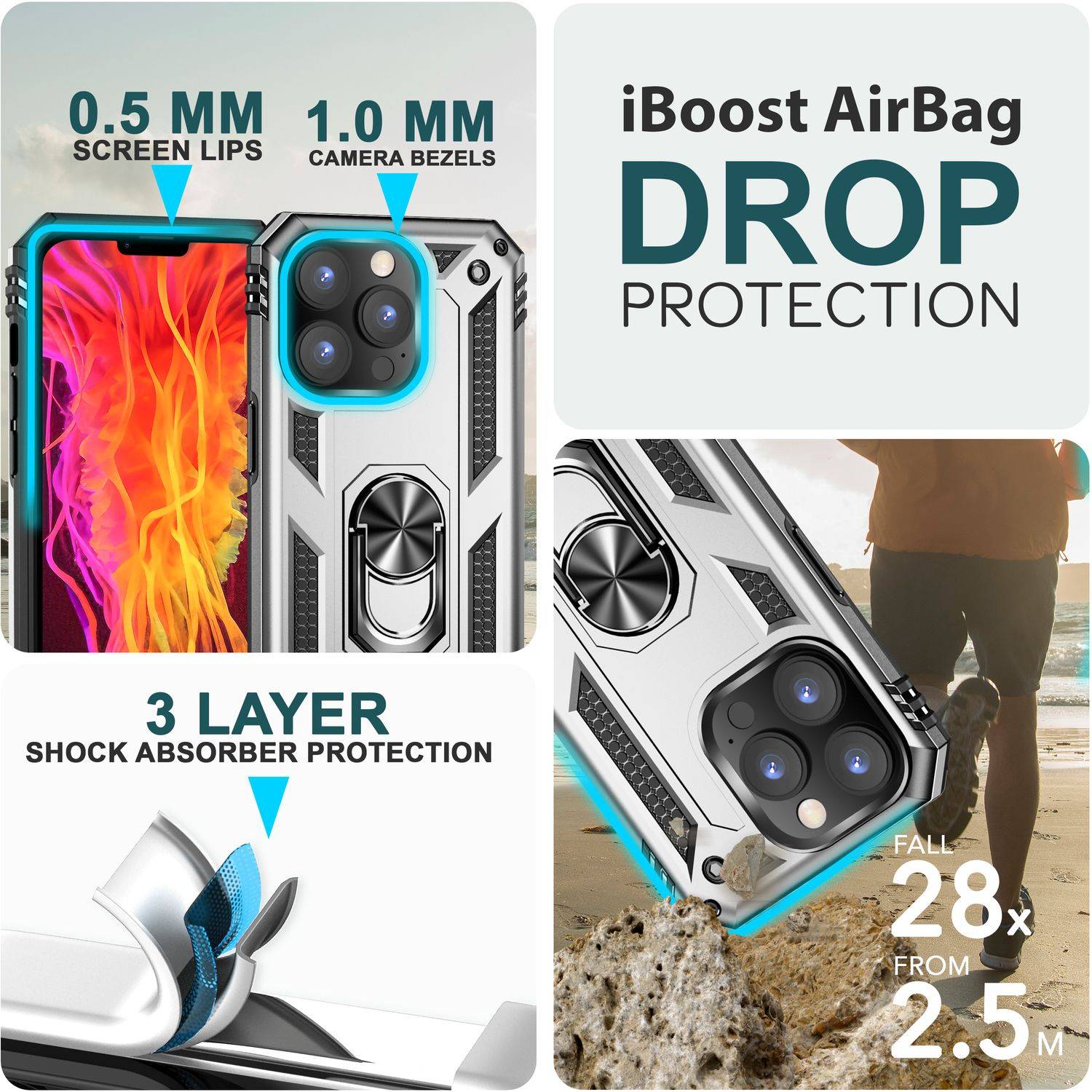 Panzer Hülle mit Ring für iPhone 15 Pro Outdoor Handyhülle Case Extrem Schutz Silber-1