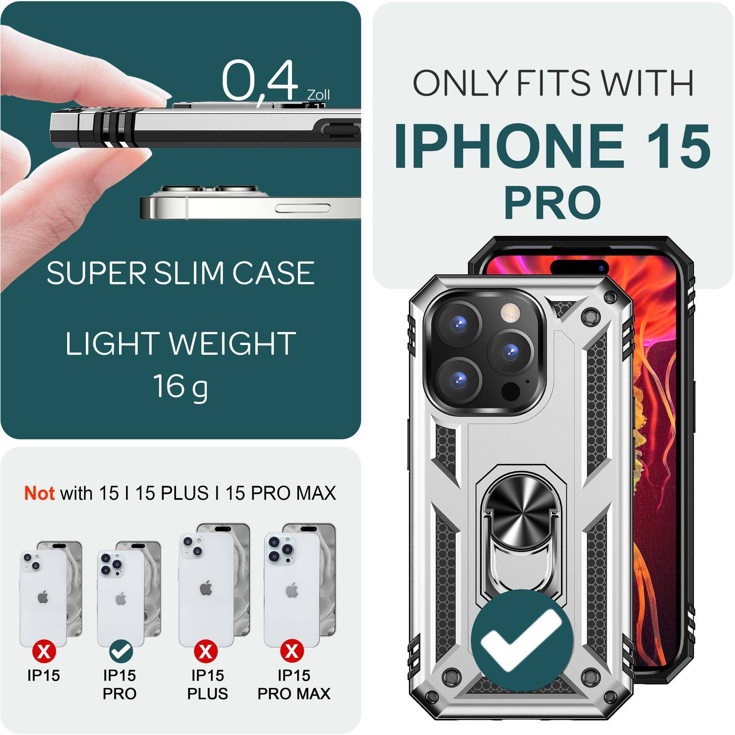 Panzer Hülle mit Ring für iPhone 15 Pro Outdoor Handyhülle Case Extrem Schutz Silber-3