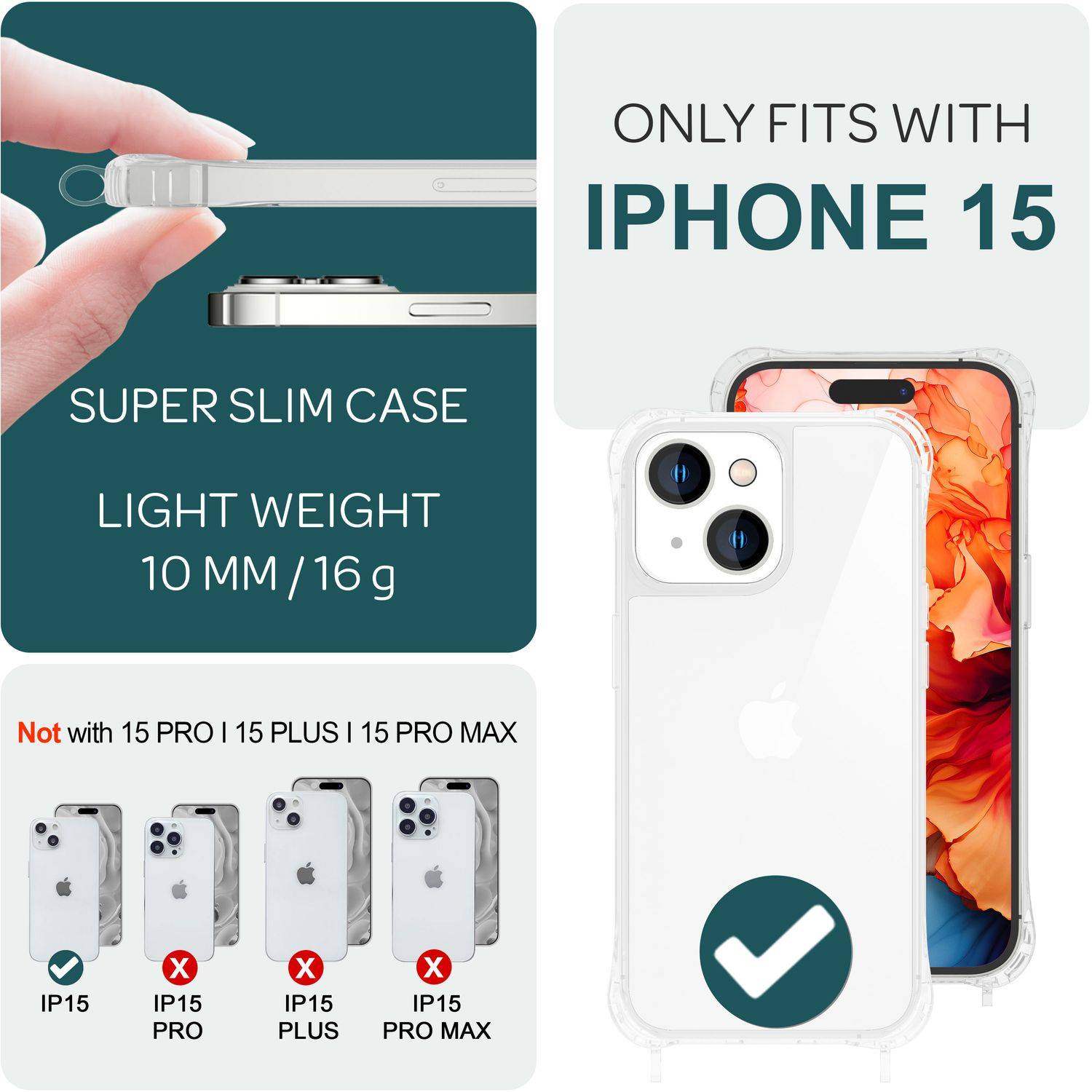 Hülle mit Band für iPhone 15 Handyhülle Umhängen Schutz Case Handy Kette Kordel Lila-3