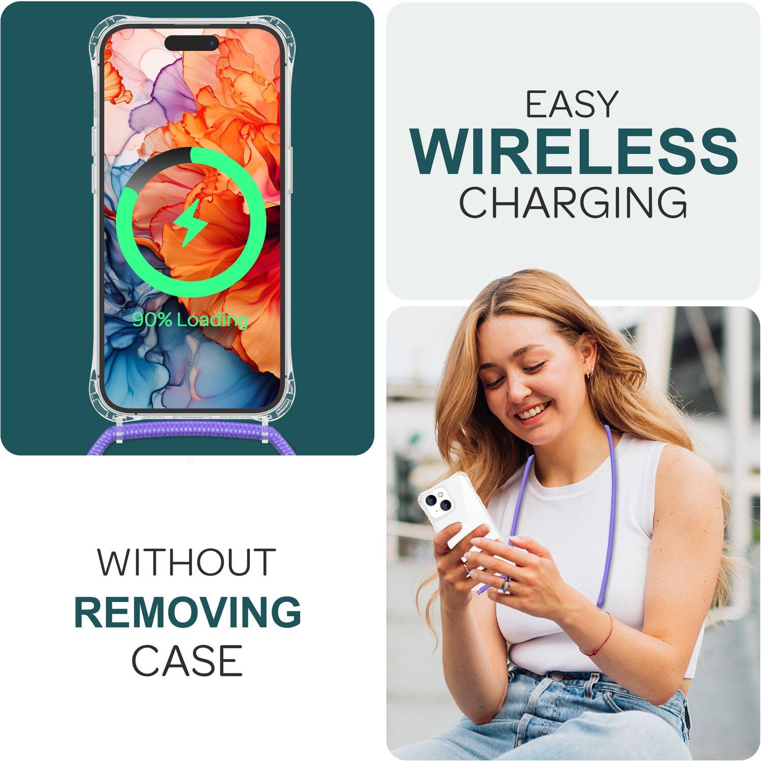 Hülle mit Band für iPhone 15 Handyhülle Umhängen Schutz Case Handy Kette Kordel Lila-4