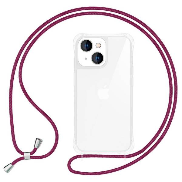 Hülle mit Band für iPhone 15 Plus Handyhülle Umhängen Handy Kette Kordel Case Rot