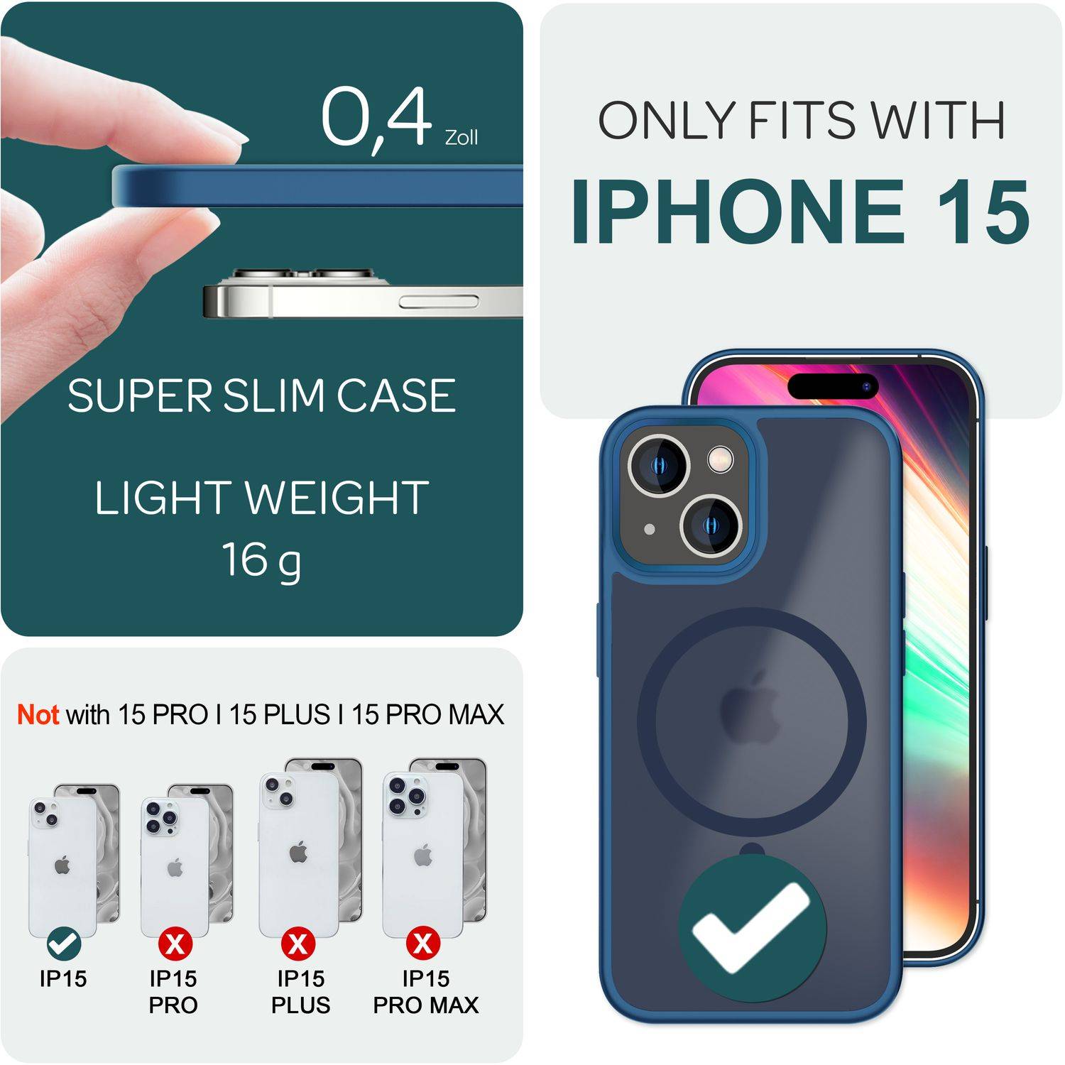 MagSafe Hülle Hybrid für iPhone 15 Frosted Hard Case Schutz Rand Handyhülle Etui Dunkelblau-3