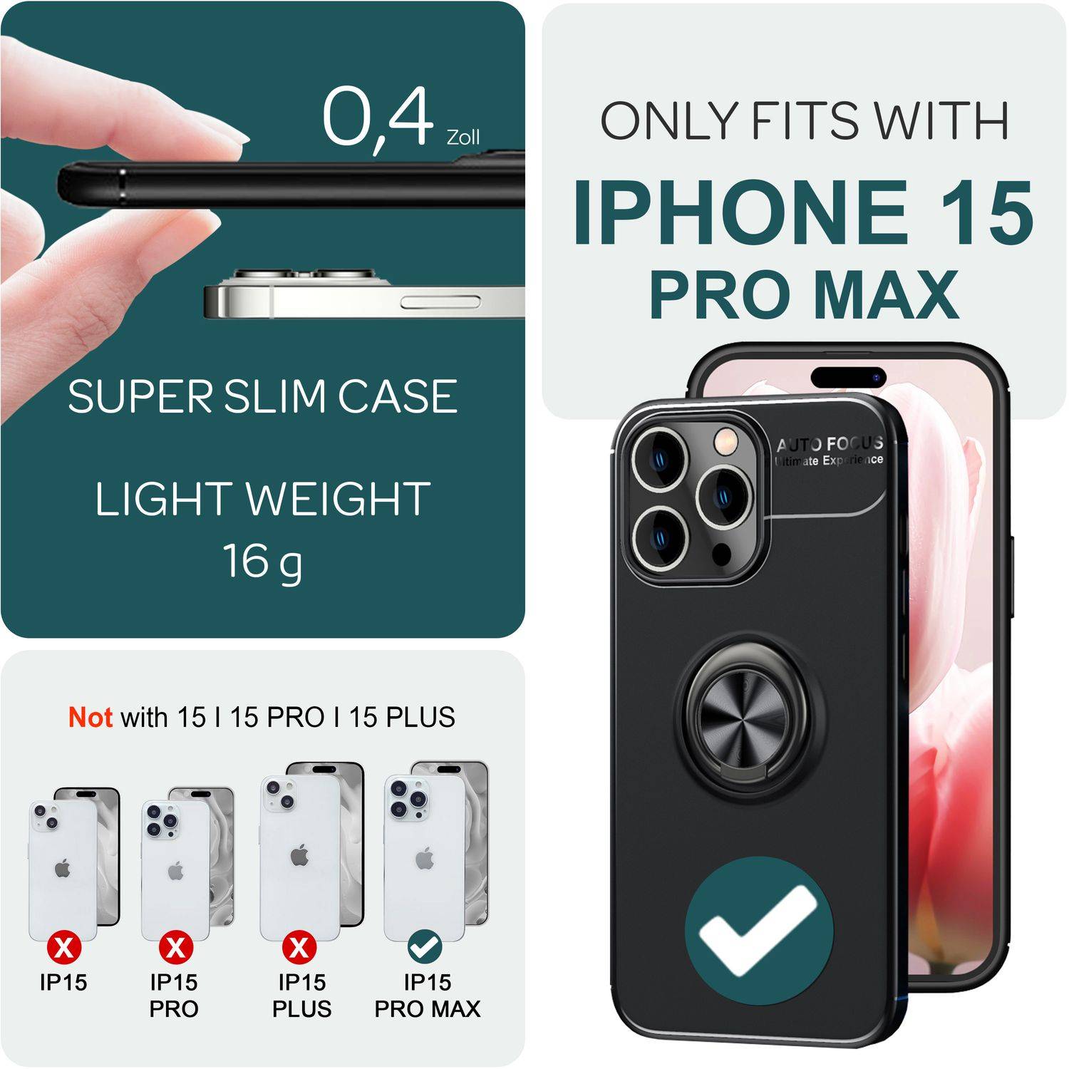 Hülle mit Ring für iPhone 15 Pro Max Silikon Handyhülle Schutz Case Ringhülle Schwarz-3