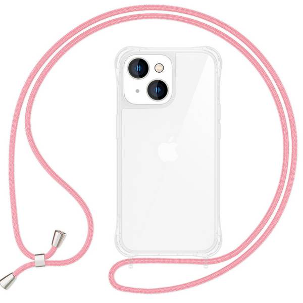 Hülle mit Band für iPhone 15 Plus Handyhülle Umhängen Handy Kette Kordel Case Rosa