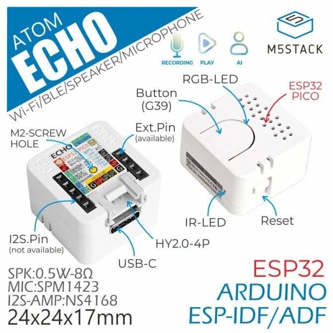 M5Stack ATOM Echo Smart Speaker Development Kit Support A2DP BLE 4.0 C008-C-5