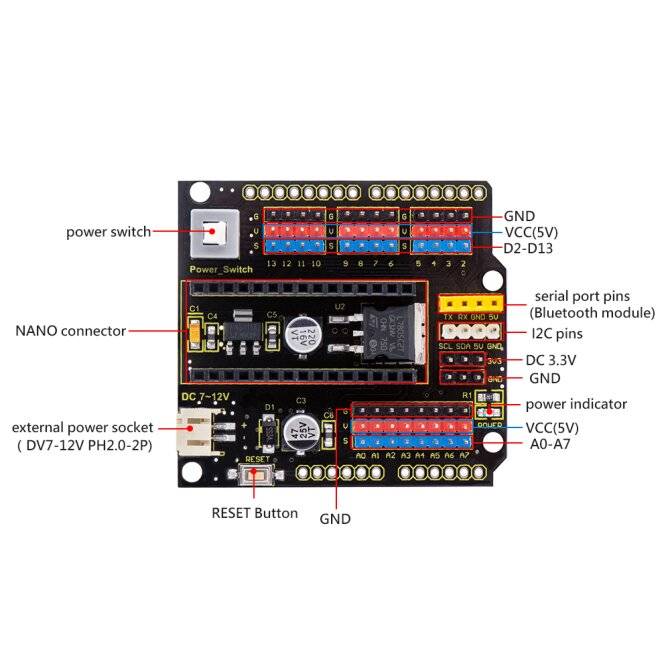 Keyestudio NANO Shield Board for Arduino Nano with Power Switch-0