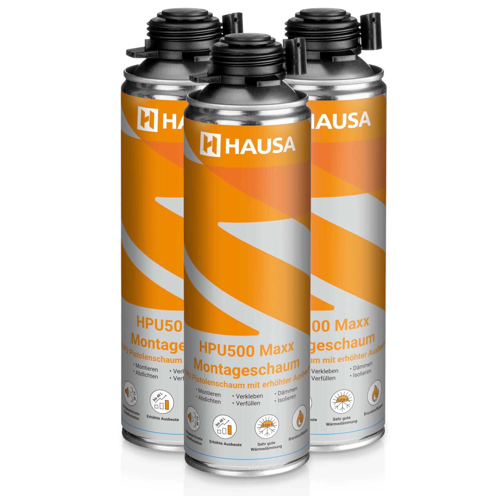 Montageschaum B2 Hausa HPU500 3 x 500ml Pistolenschaum extrem hohe Ausbeute bis 48L-0