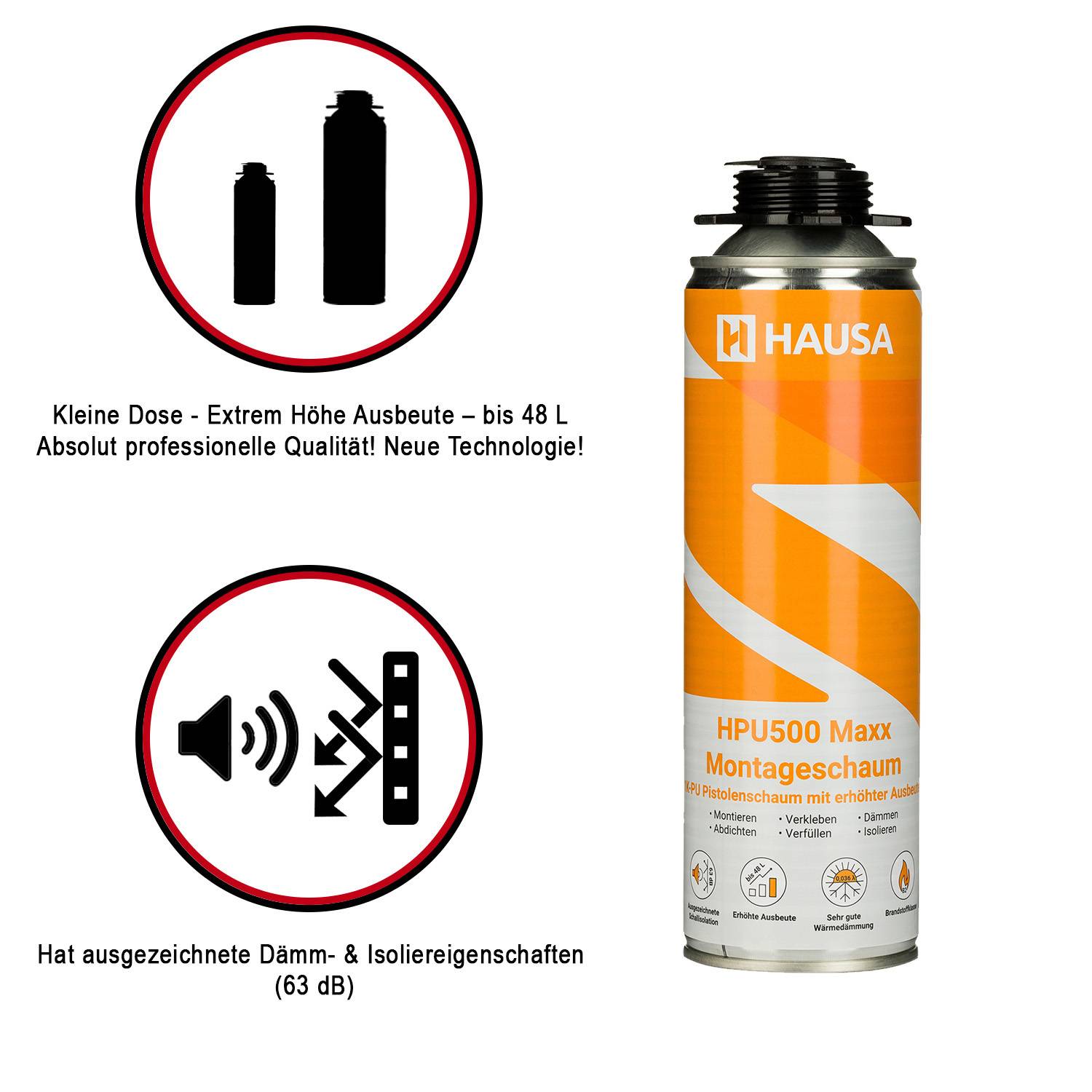 Montageschaum B2 Hausa HPU500 3 x 500ml Pistolenschaum extrem hohe Ausbeute bis 48L-1