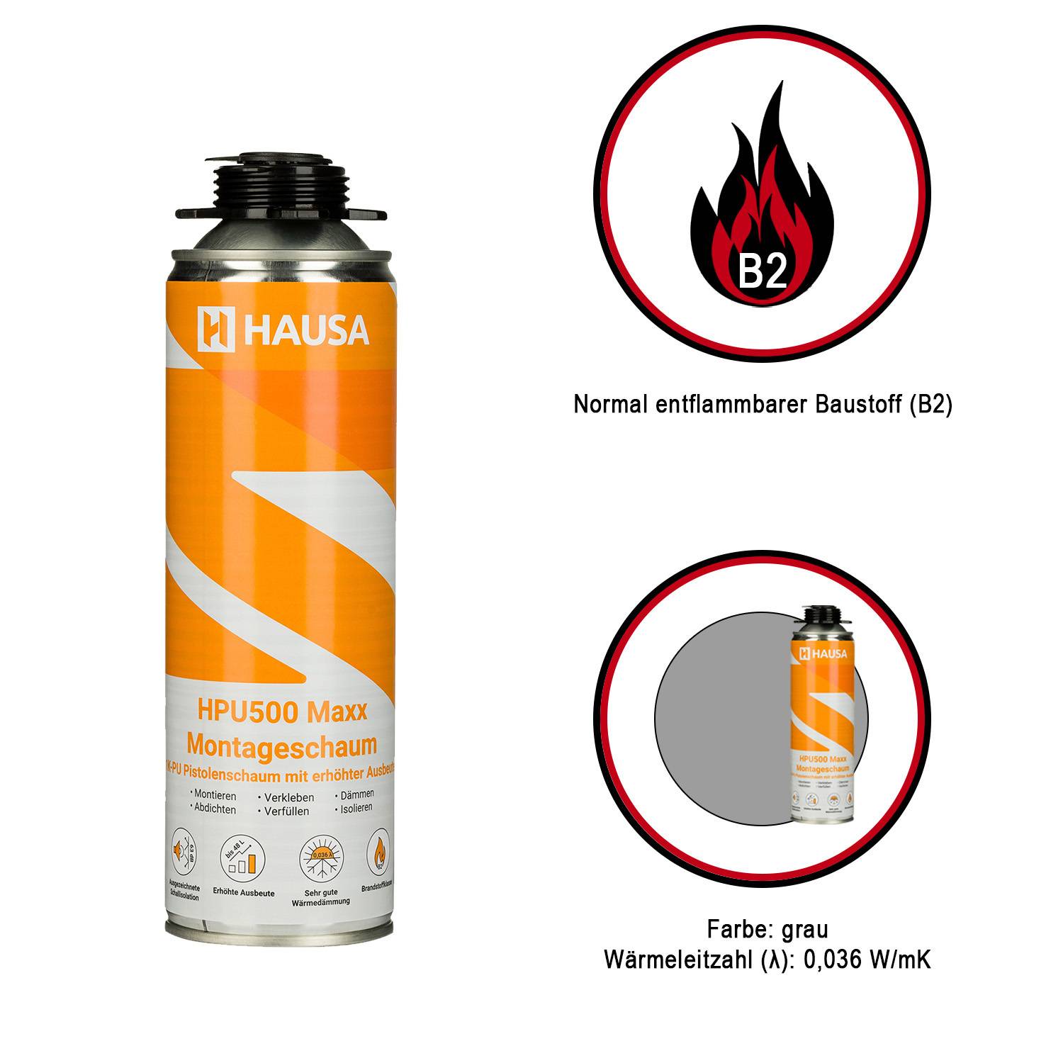 Montageschaum B2 Hausa HPU500 3 x 500ml Pistolenschaum extrem hohe Ausbeute bis 48L-2