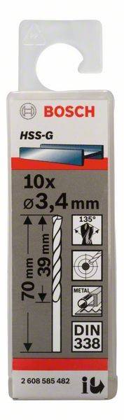 Metallbohrer HSS-G DIN338 Arbeits-L.39mm D.3,4mm L.70mm 10er Pack BOSCH-1
