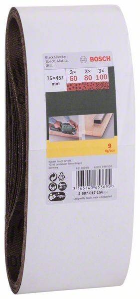 Schleifband-Set für Bandschleifer, 9-teilig, 75 x 457 mm, Körnung 60, 80, 100-1