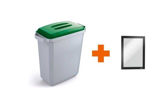Wertstoffsammler aus Polyethylen (PE), 60 Liter, grau, grüner Deckel, mit Info-Rahmen-1