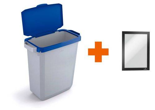 Wertstoffsammler aus Polyethylen (PE), 60 Liter, grau, blauer Klappdeckel, mit Info-Rahmen-1