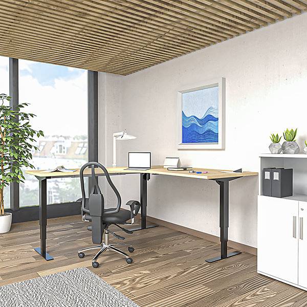 Schreibtisch Atlanta elektrisch höhenverstellbar L-Form BxT 1800 x 2000 mm Eiche/schwarz links. TAKKT-2