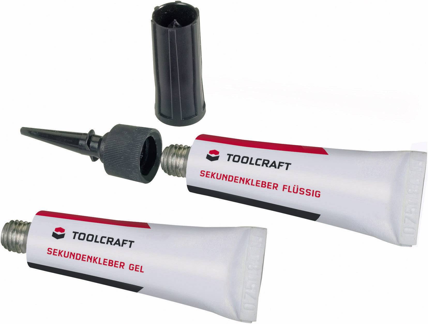 Zwei Tuben Werkzeugkleber mit der Aufschrift 'Toolcraft Sekundenkleber', eine Flüssig- und eine Gelvariante, neben schwarzer Kappe.