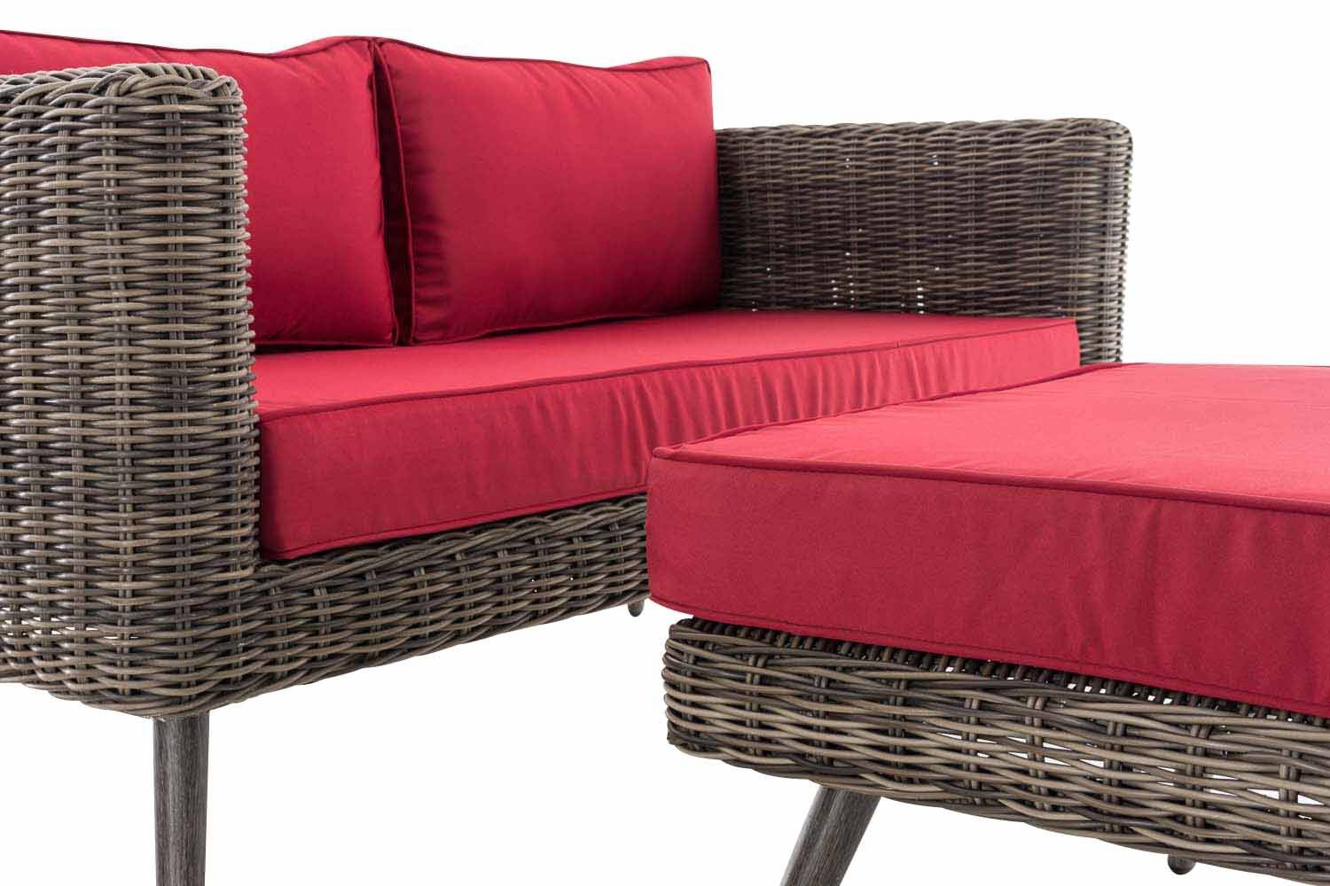 2er Sofa Molde mit Fußhocker Rundrattan grau-meliert 40 cm (Dunkelgrau) rubinrot-4