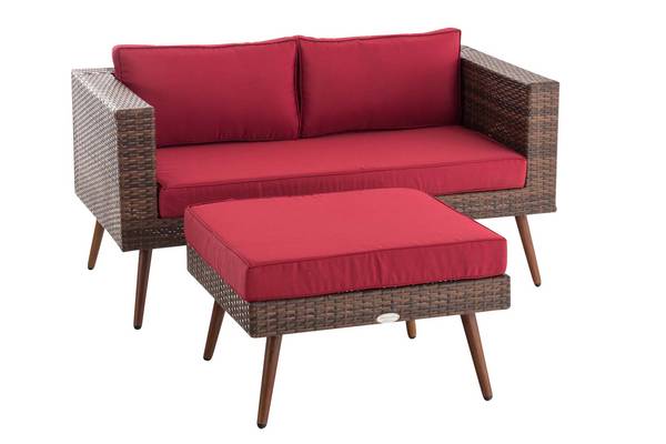 2er Sofa Molde mit Fußhocker Flachrattan braun-meliert 45 cm (Dunkelbraun) rubinrot