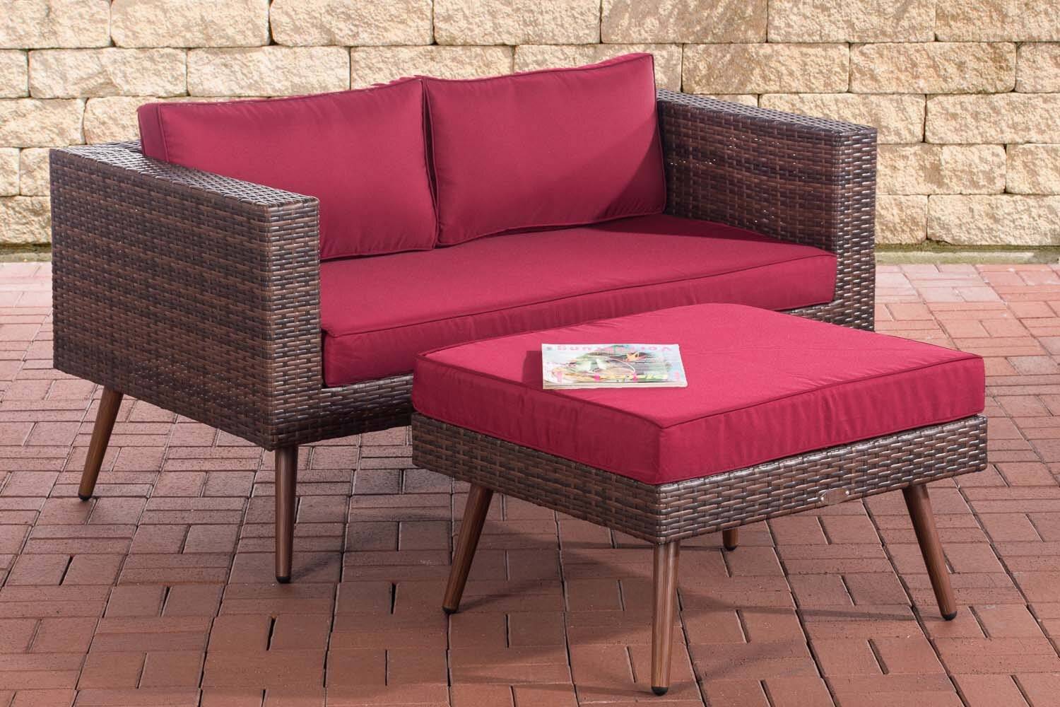 2er Sofa Molde mit Fußhocker Flachrattan braun-meliert 45 cm (Dunkelbraun) rubinrot-4