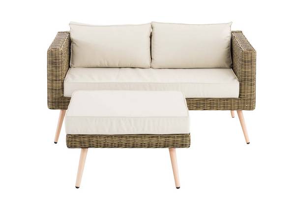 2er Sofa Molde mit Fußhocker Rundrattan natura 40 cm (Hellbraun) cremeweiß
