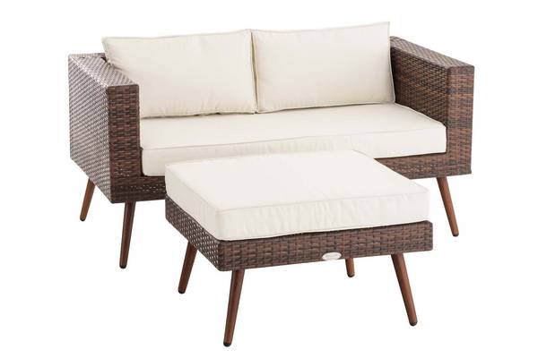 2er Sofa Molde mit Fußhocker Flachrattan braun-meliert 40 cm (Dunkelbraun) cremeweiß