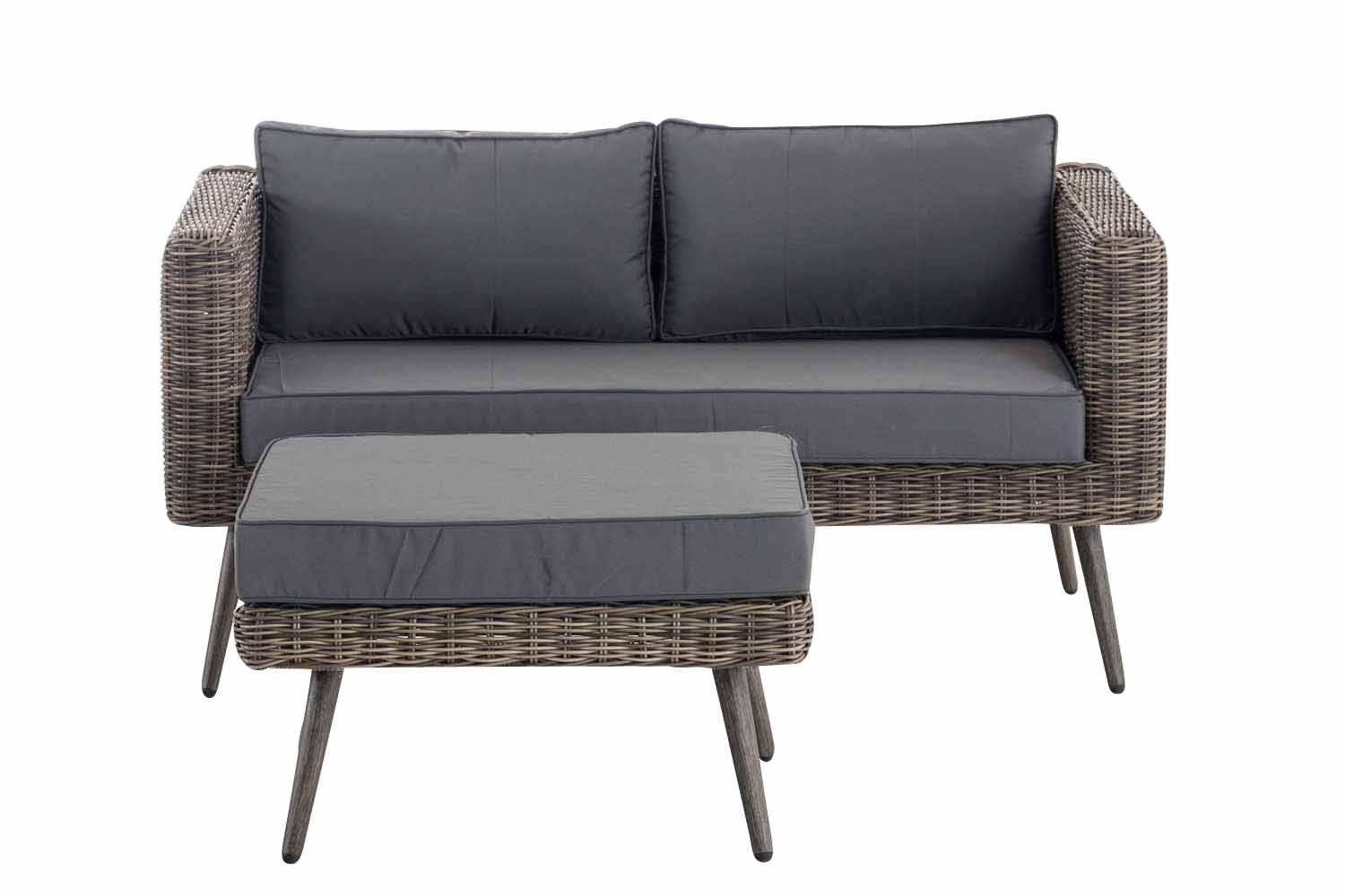 2er Sofa Molde mit Fußhocker Rundrattan grau-meliert 45 cm (Dunkelgrau) eisengrau