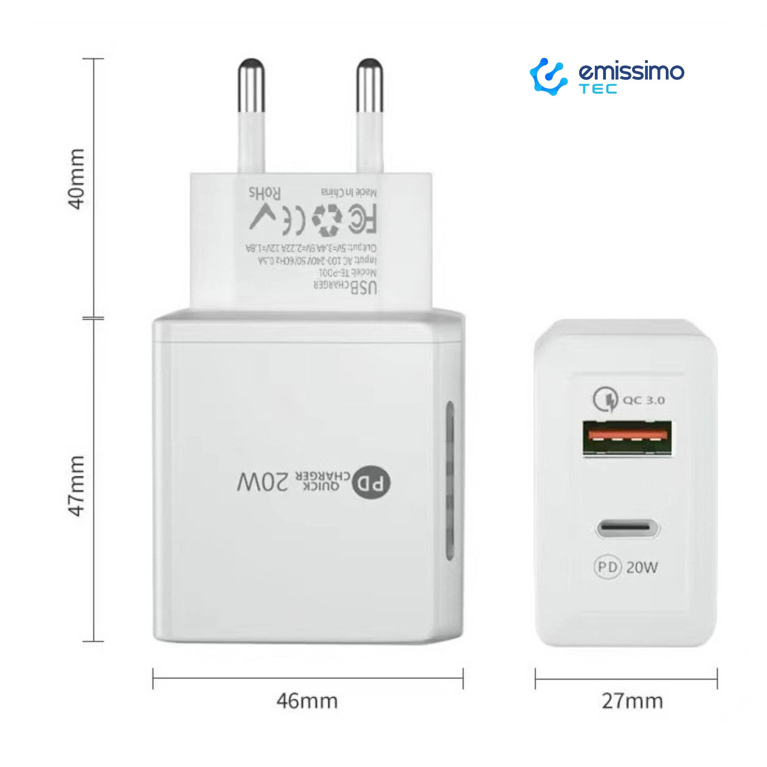 emissimo USB + USB-C Schnellladegerät mit LED Ladegerät bis 20 Watt PD20 Quick Charge weiß-0