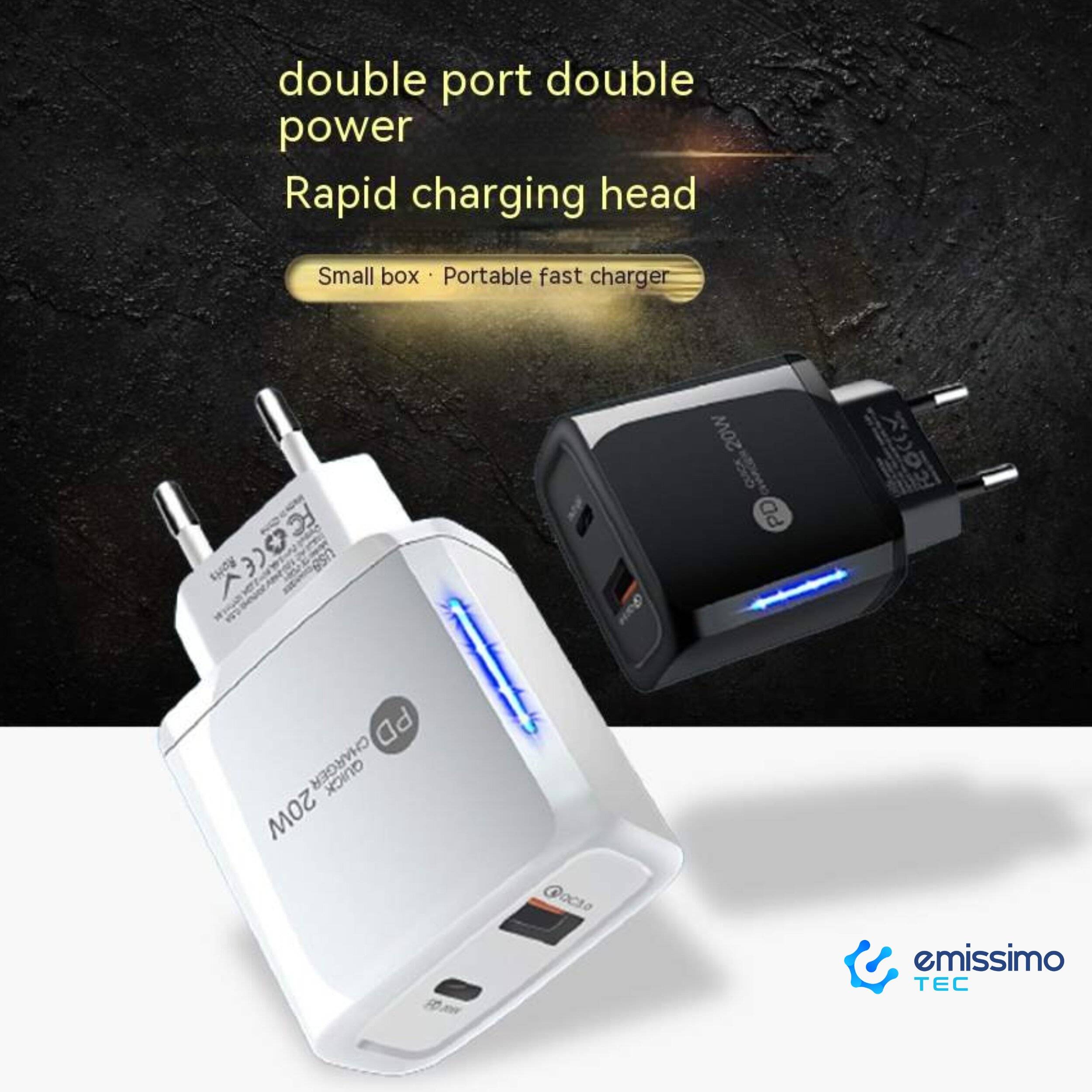 emissimo USB + USB-C Schnellladegerät mit LED Ladegerät bis 20 Watt PD20 Quick Charge weiß-1