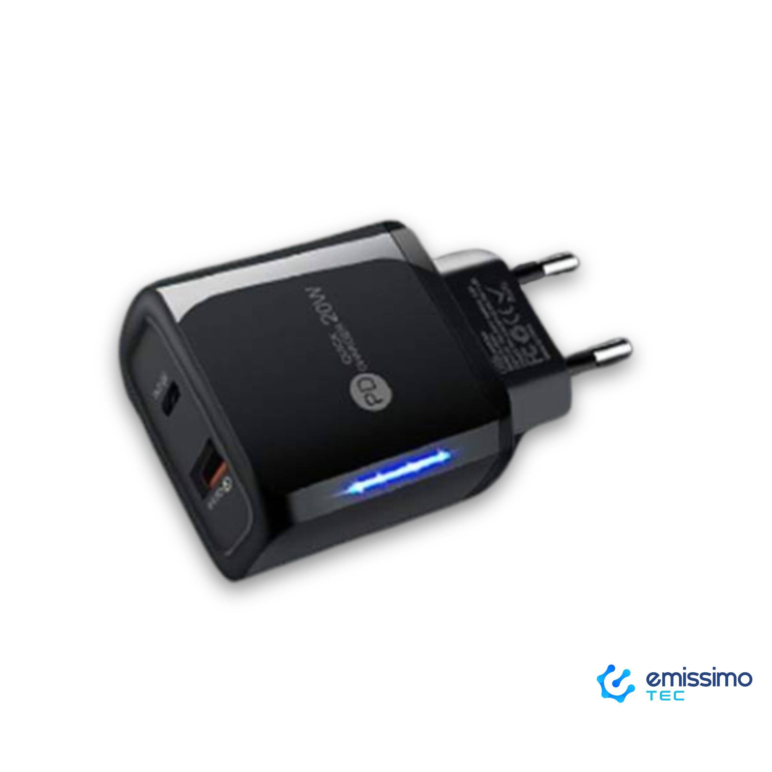 emissimo USB + USB-C Schnellladegerät mit LED Ladegerät bis 20 Watt PD20 Quick Charge Schwarz-0
