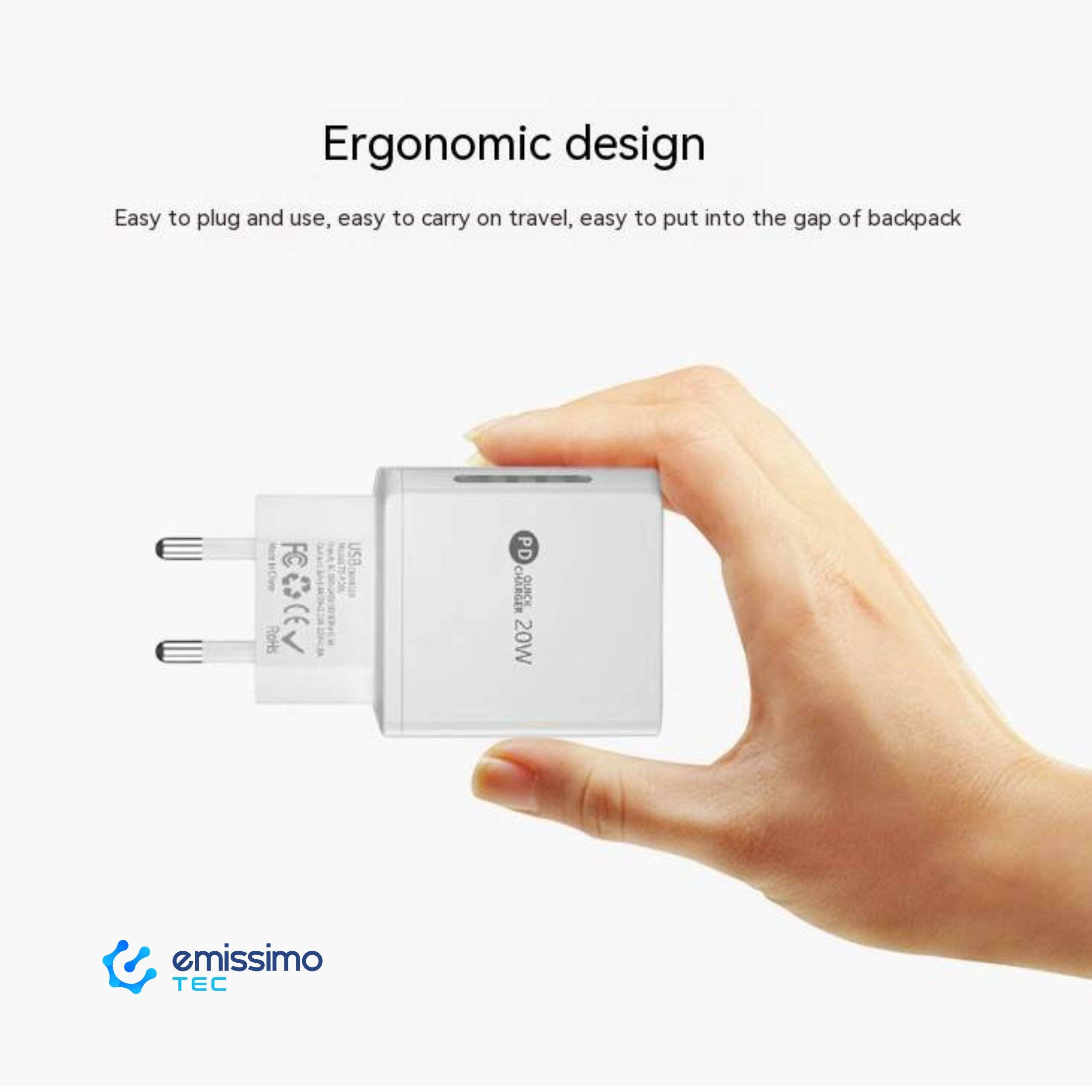 emissimo USB + USB-C Schnellladegerät mit LED Ladegerät bis 20 Watt PD20 Quick Charge Schwarz-3