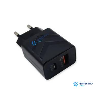 emissimo USB + USB-C Schnellladegerät Ladegerät bis 20 Watt PD20 Quick Charge Schwarz