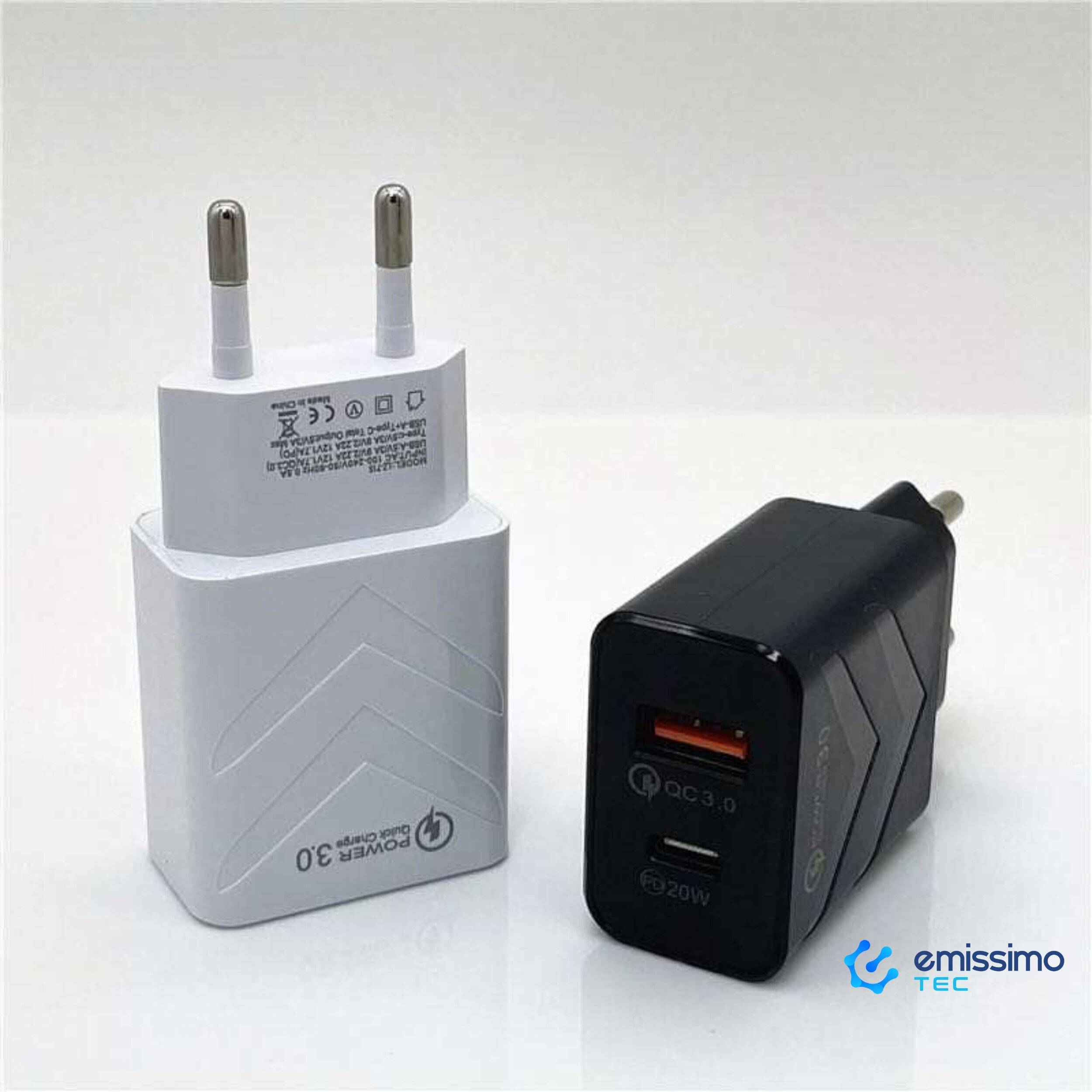 emissimo USB + USB-C Schnellladegerät Ladegerät bis 20 Watt PD20 Quick Charge Schwarz-1