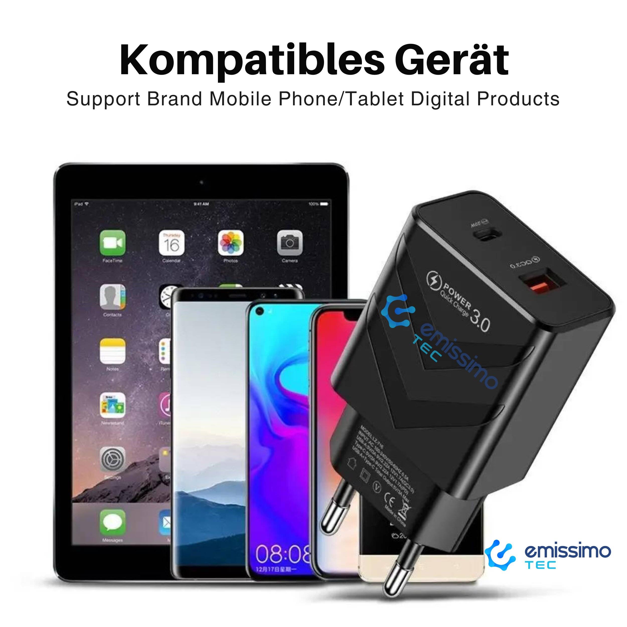 emissimo USB + USB-C Schnellladegerät Ladegerät bis 20 Watt PD20 Quick Charge Schwarz-2