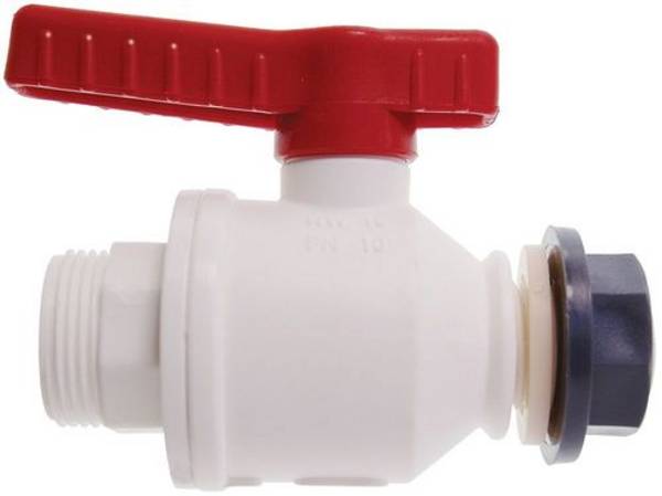 Kugelhahn aus PP, weiß, Außengewinde Zulauf 3/4" - Auslauf M 36 x 3, NW 20 mm, VE = 5 Stück