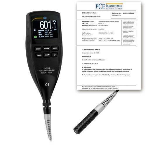 Schichtdickenmessgerät PCE-CT 27FN, Eisen- und Nichteisen-Metallen, bis 1250 µm, externe Sonde + ISO-0