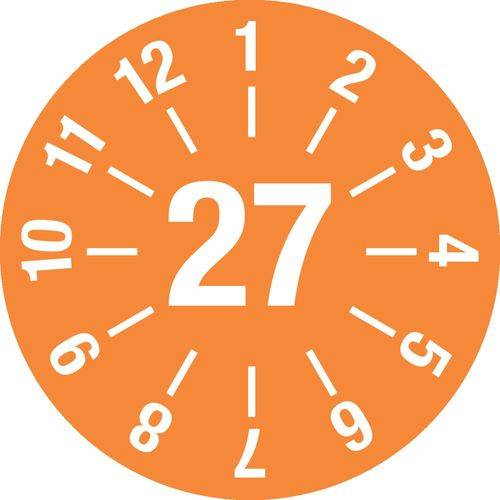 Prüfplakette "27", mit Strichen, orange, Folie, selbstklebend, 30 mm, VE = 5 Bogen à 15 Stück-0