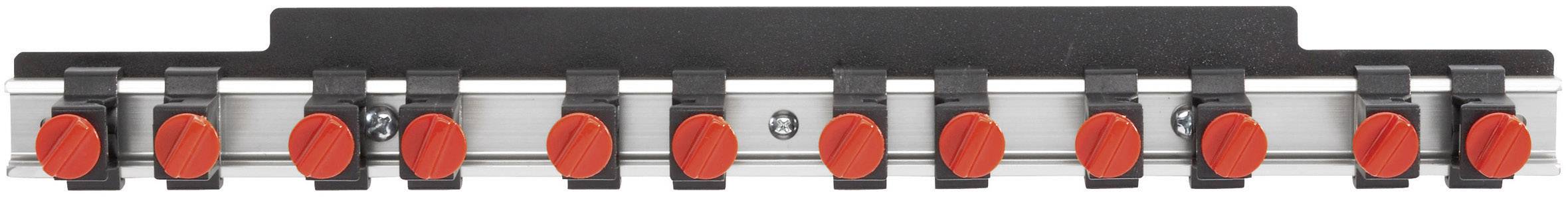 Eine Werkzeugaufbewahrungsleiste mit neun rot-schwarzen Klammern, geeignet zur vertikalen Organisation von Werkzeugen an der Wand.