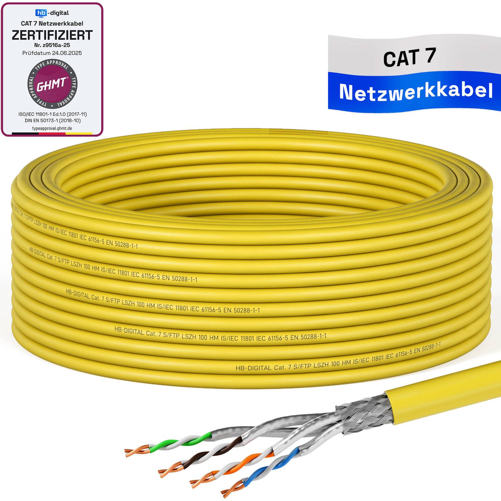 hb-digital CAT 7 Kabel 15m Netzwerkkabel max. 1000 MHz S/FTP AWG23 LSZH gelb