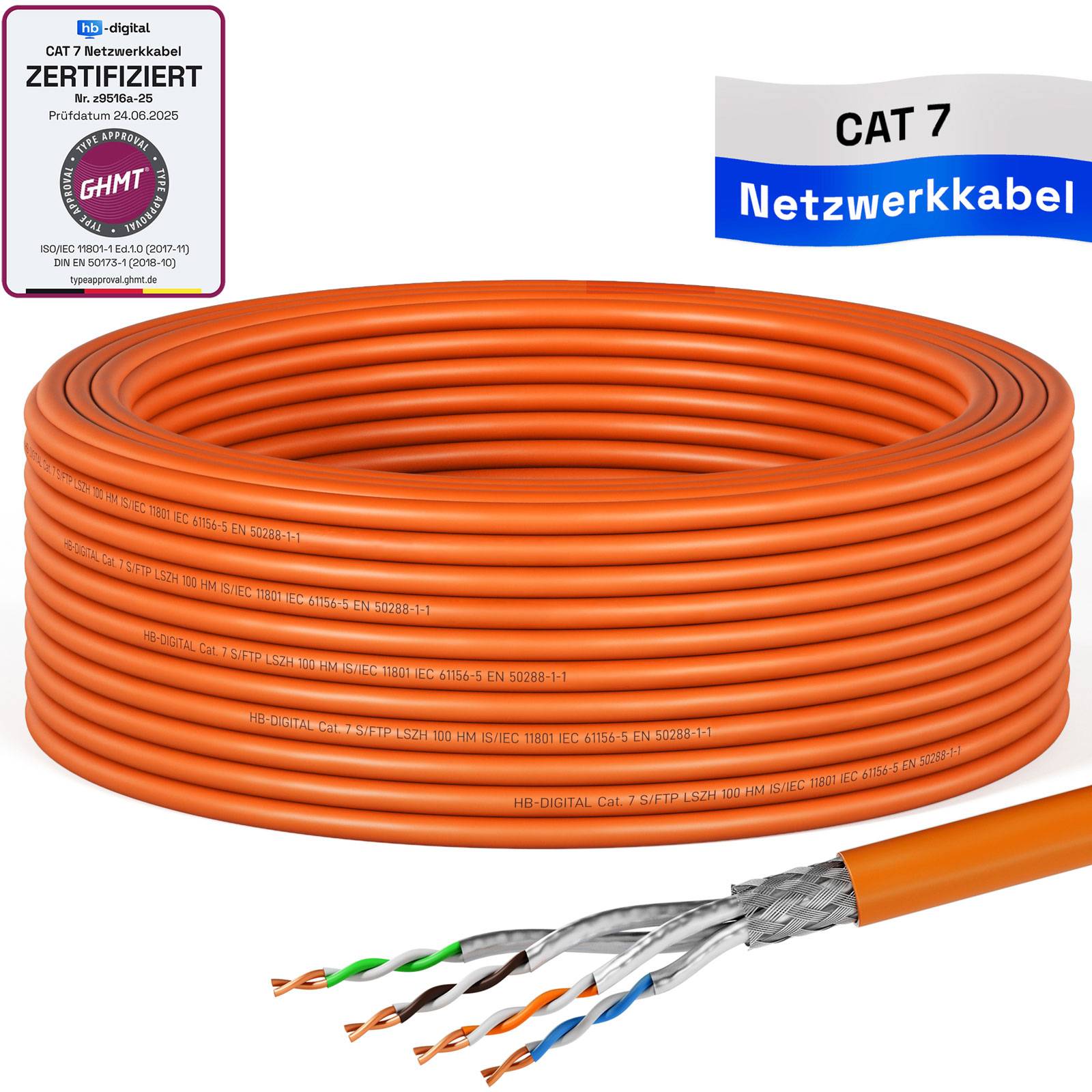 hb-digital CAT 7 Kabel Installationskabel 15m S/FTP AWG23 LSZH orange-0