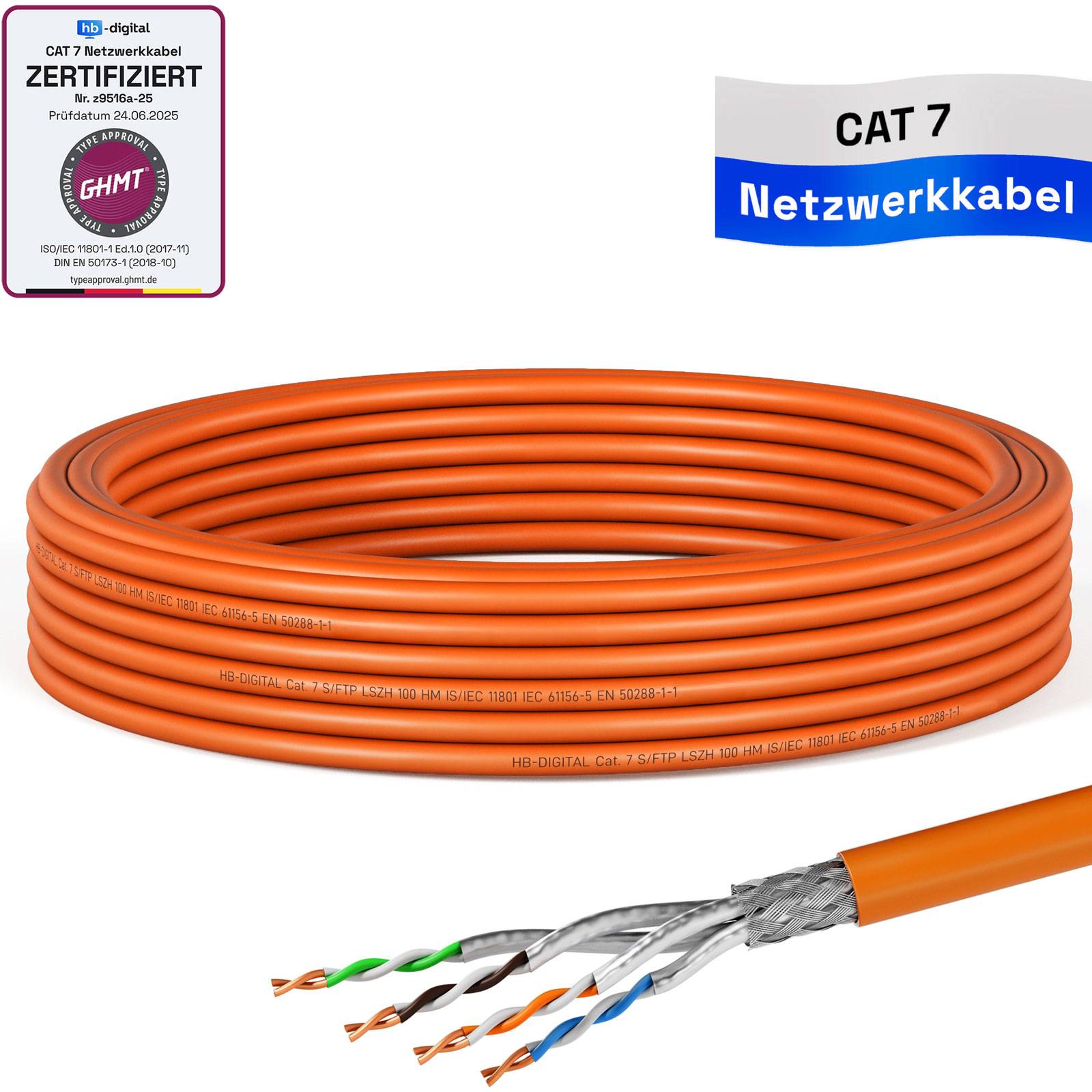 hb-digital CAT 7 Kabel 10m Installationskabel max. 1000 MHz S/FTP AWG23 LSZH orange