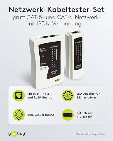 Goobay 68856 Netzwerktester LAN Tester / Leitungstester RJ45 - RJ11 - RJ12 - ISDN - CAT5 - CAT6 / Netzwerk Kabeltester-1