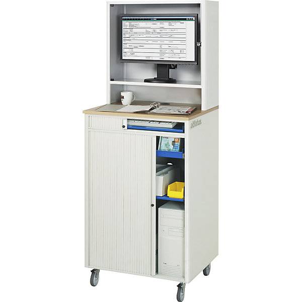 Computer-Arbeitsplatz HxBxT 1810 x 720 x 660 mm mit Monitorgehäuse fahrbar lichtgrau / enzianblau. Rau GmbH-3