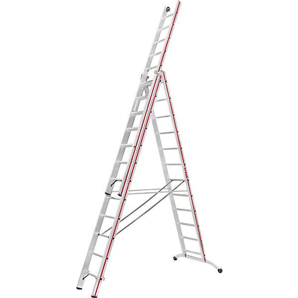 Alu-Mehrzweckleiter Industrieausführung mit Kopffahrwerk 3 x 12 Sprossen max. Arbeitshöhe 934 m. Hymer-0