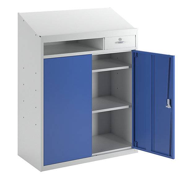 Werkzeugschrank mit Schreibpult HxBxT 1220 x 915 x 457 mm lichtgrau / enzianblau. TAKKT Industrial & Packaging-0