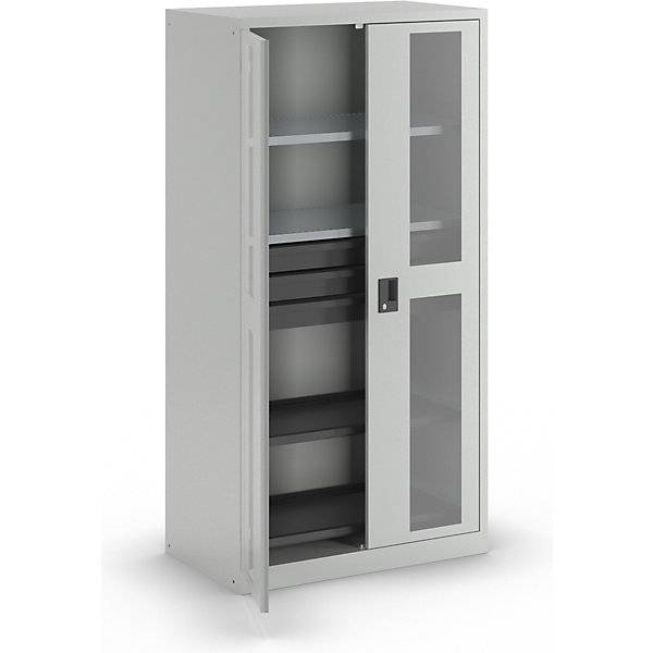 Sichtfensterschrank HxBxT 1950 x 1000 x 580 mm mit 2 Fachböden 2 Auszugböden und 3 Schubladen lichtgrau. Lista-0