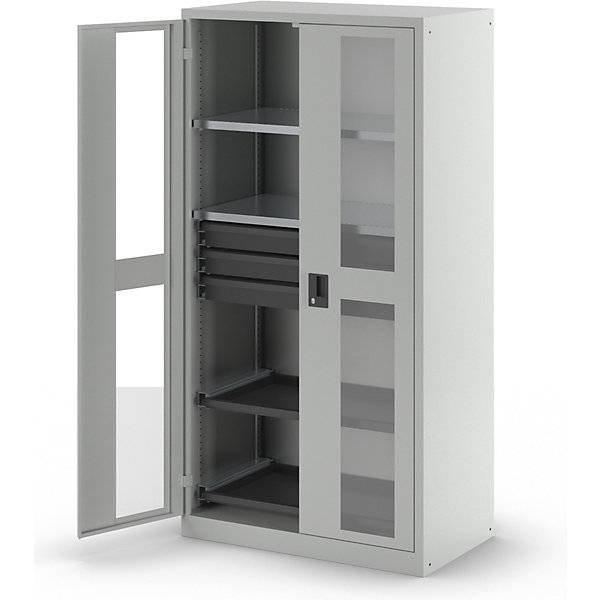 Sichtfensterschrank HxBxT 1950 x 1000 x 580 mm mit 2 Fachböden 2 Auszugböden und 3 Schubladen lichtgrau. Lista-1